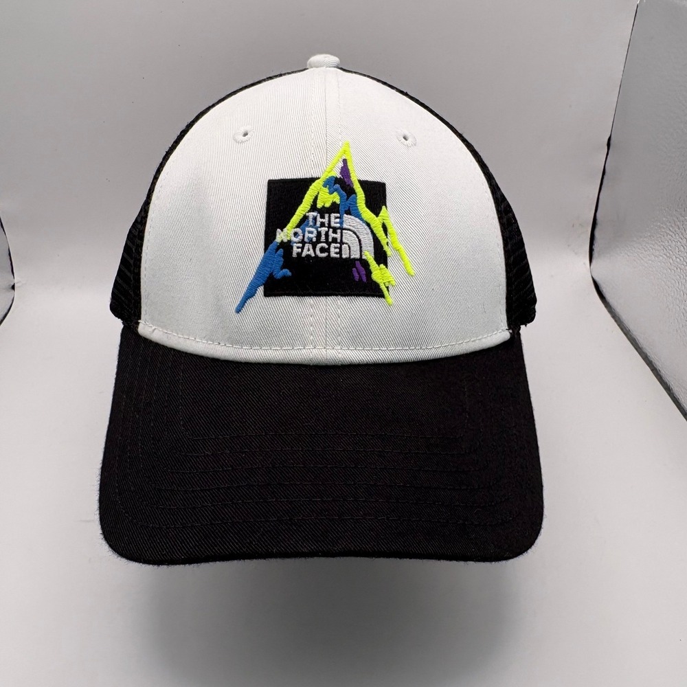 The North Face Mens White Black Embroidered Mountain Logo Mesh Trucker Hat Cap